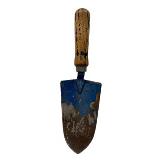 Small Blue Antique Wood Handled Garden Spade / Shovel From England For Sale