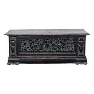 Antique Wooden Trunk With Ornate Carved Details and Hinged Lid For Sale