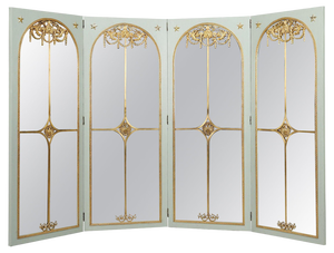 Screen Room Divider with Mirrors on Each Panel in Lacquered Wood and Gilt Bronze, 1880