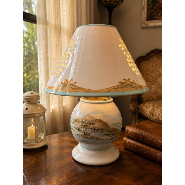 vintage Lenox British Colonial scenic candle lamp featuring a pierced pineapple shade and a hand-painted tropical coastal...