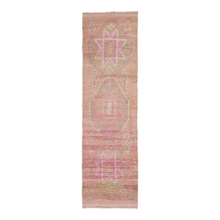 1970s Vintage Turkish Hand-Knotted Wool Cotton Pink Runner Rug For Sale