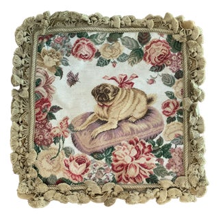 Hand Made Needlepoint Pug Dog Pillow Cover #2 With Velvet Back, Tassel Trim & Zip Closure – See Photos! Cottage Core - Match May Still Be Available For Sale