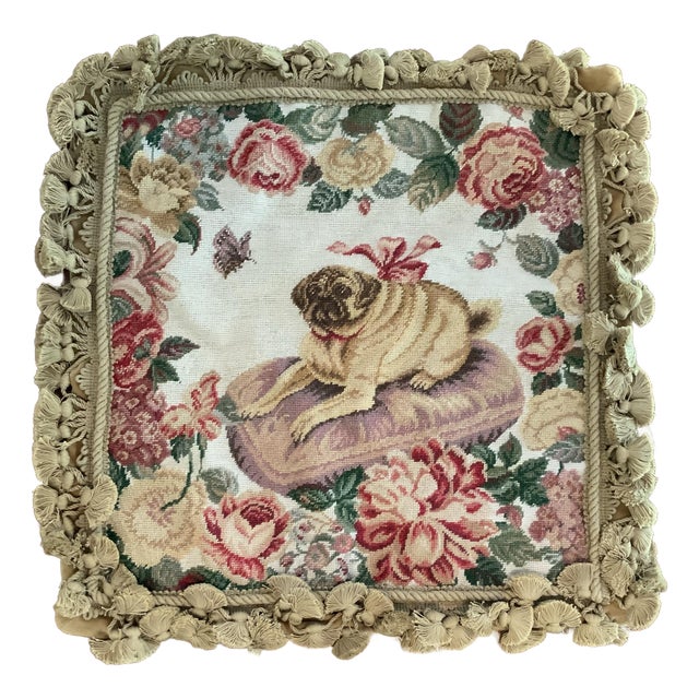 Hand Made Needlepoint Pug Dog Pillow Cover #2 With Velvet Back, Tassel Trim & Zip Closure – See Photos! Cottage Core - Match May Still Be Available For Sale