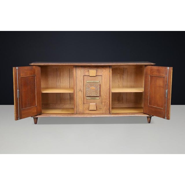 Brown French Art Deco Oak and Brass Sideboard with Carved Reliefs, 1930s For Sale - Image 8 of 18