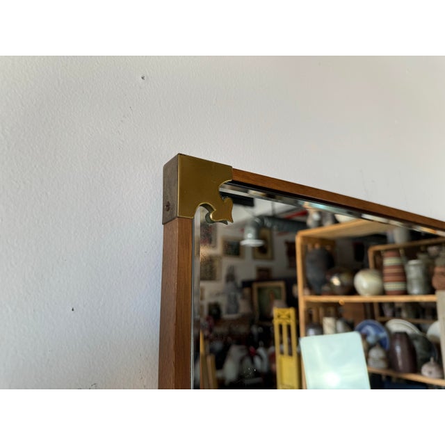 70's Vintage Asian Style Wood and Accent Brass Wall Mirror For Sale - Image 4 of 11