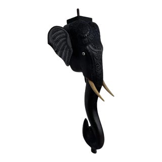 Late 20th Century Handcrafted Dark Wood Elephant With Resin Tusk Sculpture For Sale