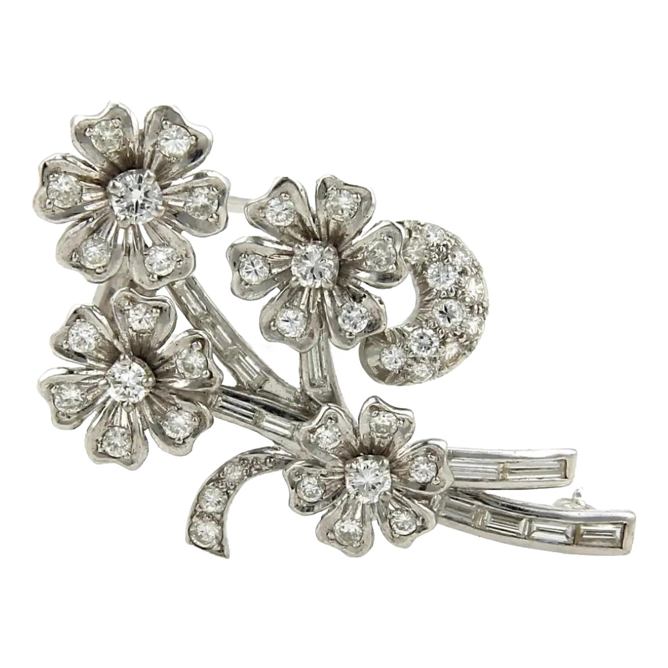Platinum Diamond & Solid Spinning Floral Spring Brooch Pin | Chairish