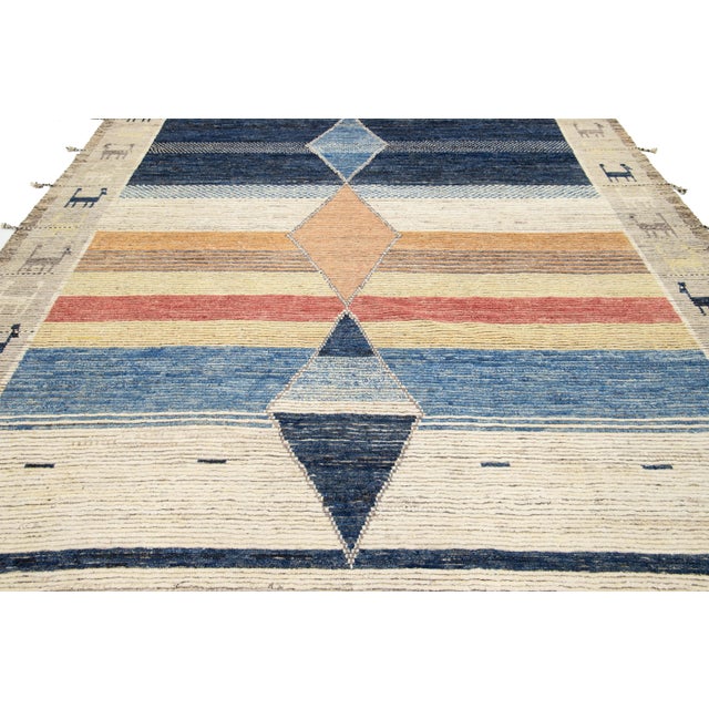 Beige Modern Handmade Moroccan Style Wool Rug With Multicolor Designed For Sale - Image 8 of 9