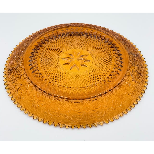 Shabby Chic 1960s Indiana Sandwich Glass Tiara Amber Large Serving Platter Sawtooth Rim 12" For Sale - Image 3 of 4
