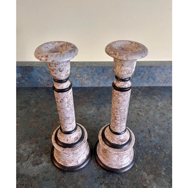 Vintage Italian Faux Stone Painted Candlesticks For Sale - Image 4 of 6
