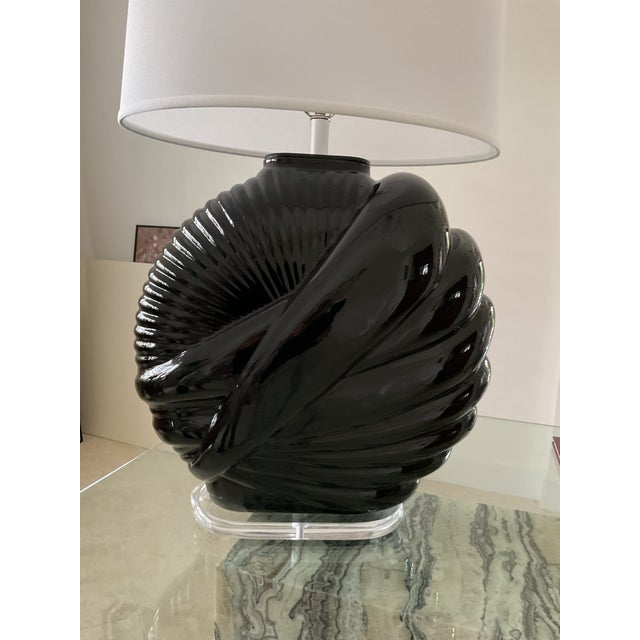 1980s Art Deco Revival, Van Teal Table Lamp, Black Ceramic Glase, Lucite Base. Euc. For Sale - Image 13 of 17