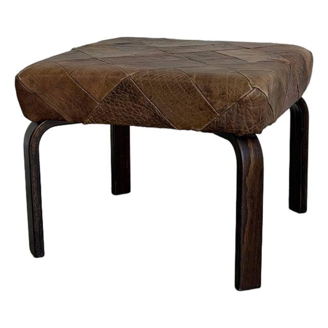 Brown Leather Patchwork Square Ottoman Danish Mid-Century Modern 1970s For Sale