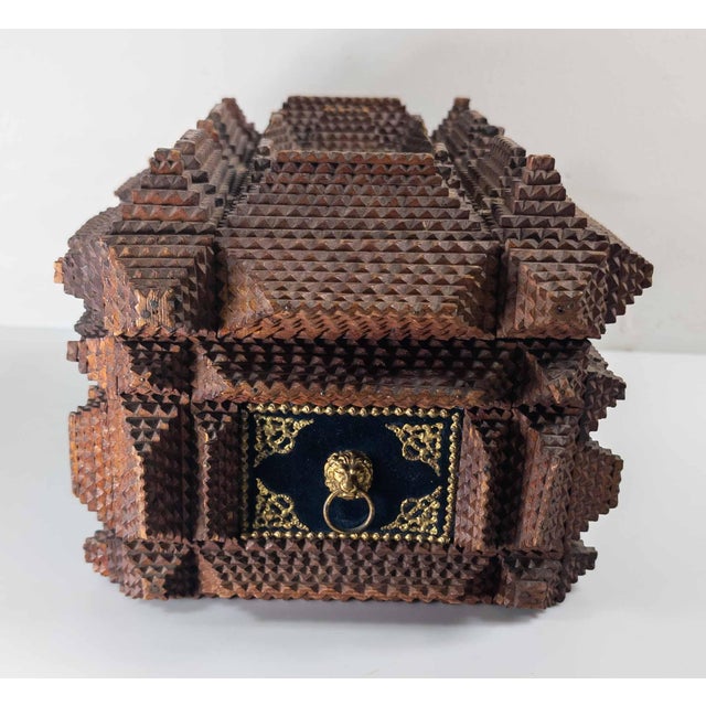 Wood 19th Century American Folk Art Tramp Art Casket Box With 1891 Date For Sale - Image 7 of 13