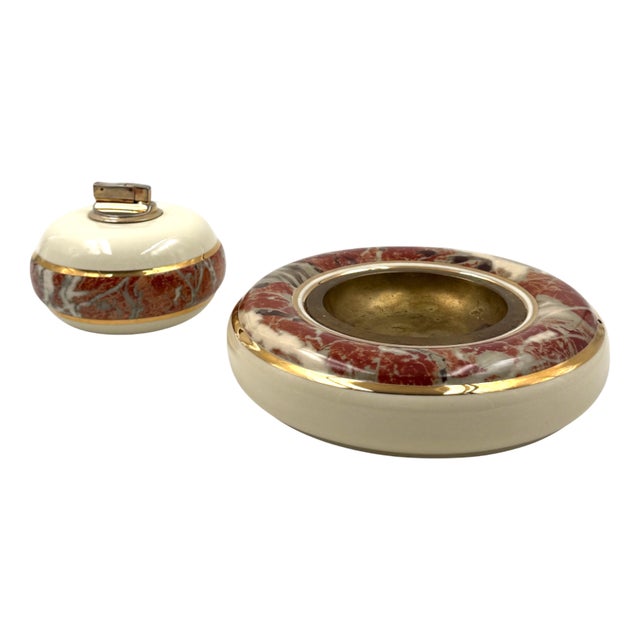 Vintage Ceramic Ashtray and Table Lighter by Tommaso Barbi, 1970, Set of 2 For Sale