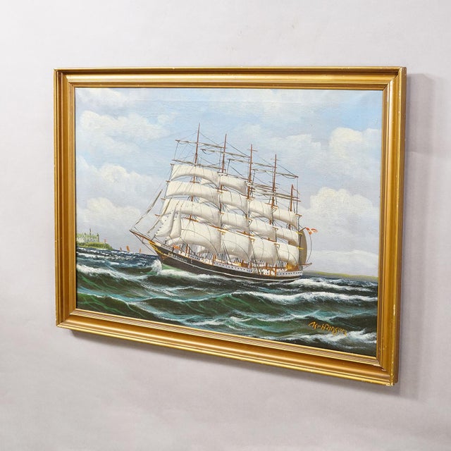 Marine Oil Painting - Five-Masted Barque off Kronborg Kristian Hansen, 1950s Item e8179 An vintage oil painting depicting...