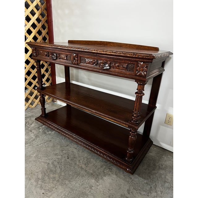 French Antique French Carved Oak Marble-Top Server/Huntboard With Raised Back For Sale - Image 3 of 14