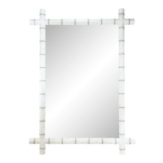 Vintage French Faux Bamboo Wall Mirror Hand-Painted Light Green and White Wooden Frame For Sale