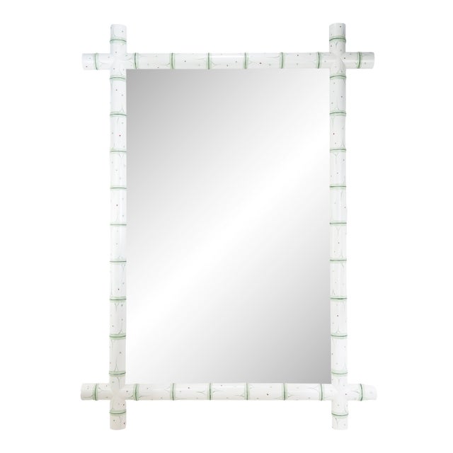 Vintage French Faux Bamboo Wall Mirror Hand-Painted Light Green and White Wooden Frame For Sale