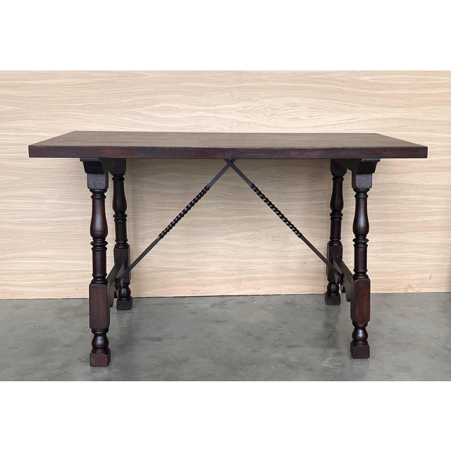 19th Spanish Side Table with Cared Turned Legs and Iron Stretcher For Sale - Image 18 of 18