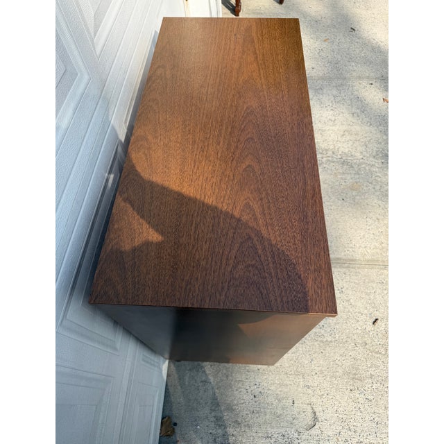 Mid Century Modern Walnut Highboy Dresser With Sculptural Brass Ring Pulls For Sale - Image 4 of 12