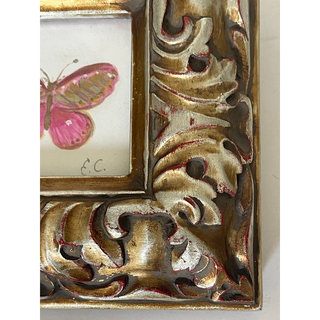 Original artwork acrylic on paper of Pink Butterfly in an ornate gold frame.