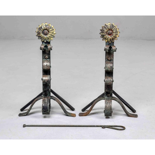 1910s Pair Early 20th Century Sunflower Andirons & Poker For Sale - Image 5 of 11