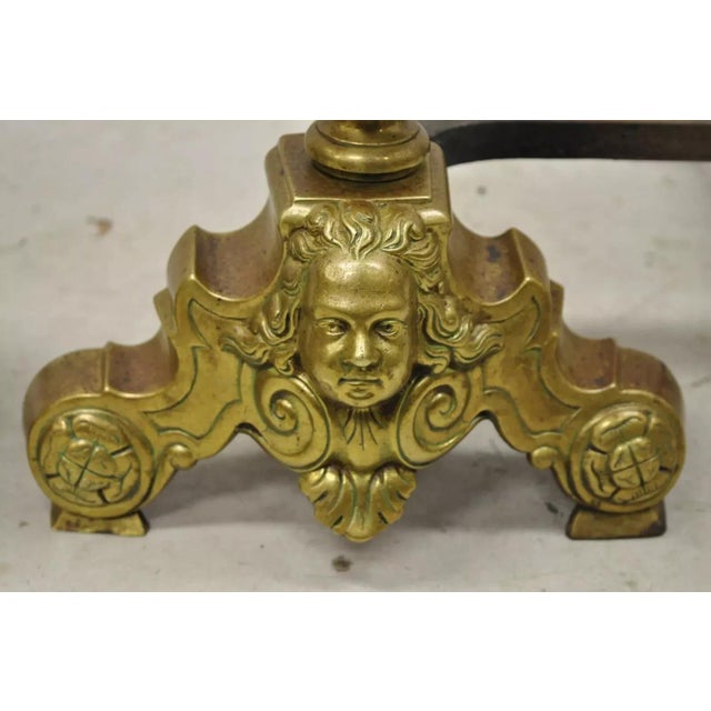 Vintage Beethoven Face French Rococo Brass Cannonball Fireplace Andirons - Pair For Sale - Image 4 of 12