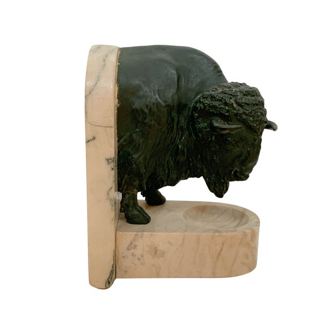 Mid 20th Century Vintage Cast Metal Bison Bookend With Marble Base, Bronze Finish For Sale - Image 5 of 8