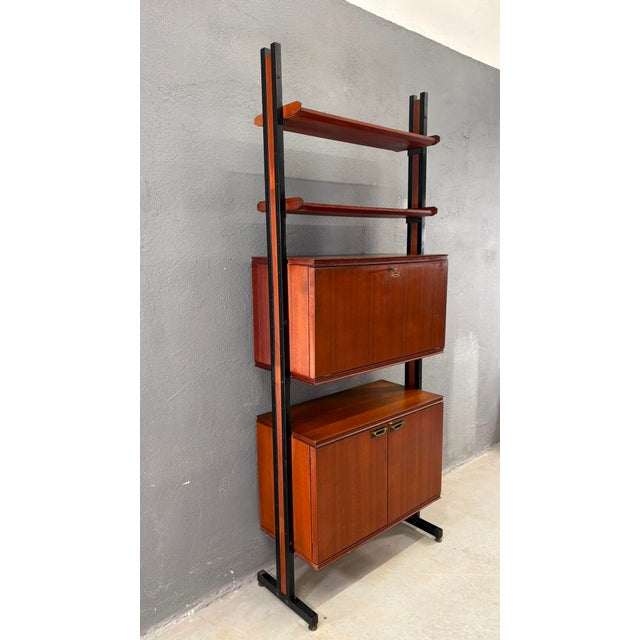Mid-Century Modern Modular Wall Unit in Veneer and Black Metal Shelving Cabinet, Europe, 1960s For Sale - Image 6 of 14