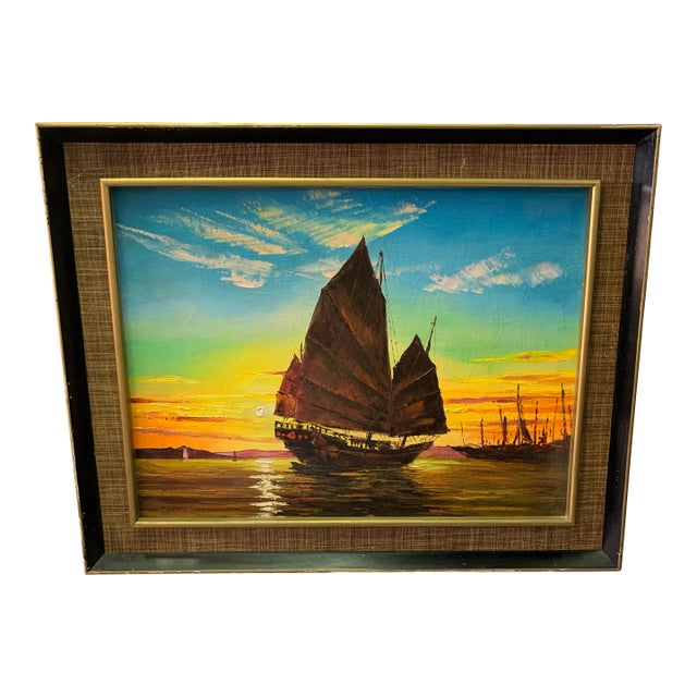 Vintage Tom Wong Original Oil on Canvas, Ship at Sea For Sale