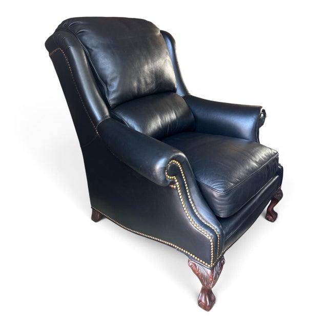 Hancock & Moore Hancock & Moore Deep Navy Blue Leather Wingback Armchair With Ball and Claw Feet For Sale - Image 4 of 9