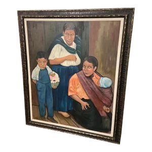Vintage Mexican Muralist Style Portrait Oil Painting Signed Castillo