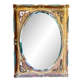 Antique Italian Baroque Gold Leaf and Enameled Beveled Mirror For Sale