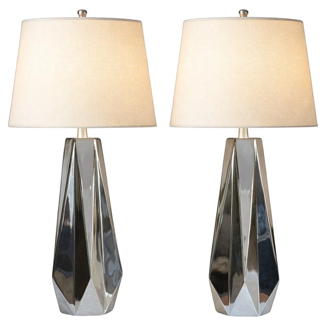 Chrome Faceted Table Lamps with Neutral Shades from Justfurnituress SRL, Set of 2 For Sale - Image 6 of 17