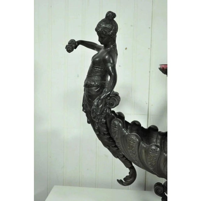 Victorian Antique Victorian Spelter & Marble Figural Mermaid Centerpiece Bowl Vase Epergne For Sale - Image 3 of 12