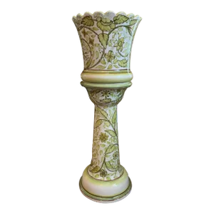 1970s Green & White Spanish Majolica Pottery Jardiniere Planter Pot With Stand