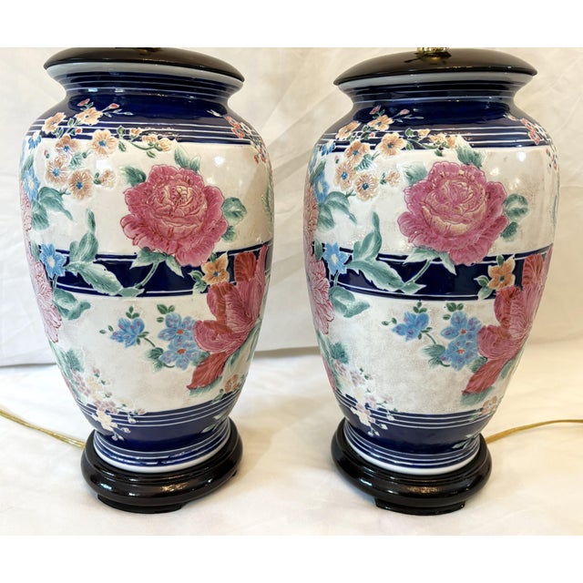 Vintage Ceramic Vase Lamps With Elegant Floral Design on Wood Plinths- A Pair For Sale In West Palm - Image 6 of 12