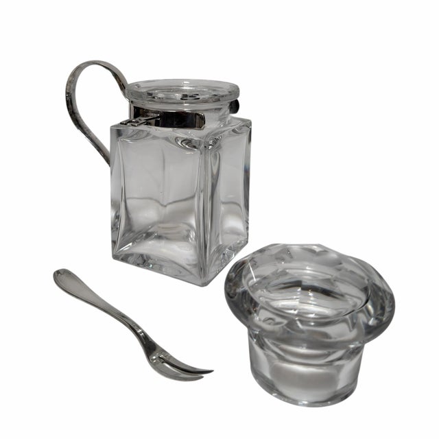 Baccarat French Art Deco Crystal Pickle Jar Castor. It includes the red Baccarat box and silver handle and fork.