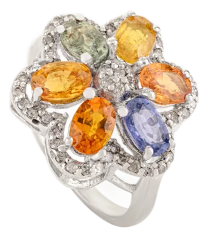 Bochic Solid Silver Oval Multi Sapphire & Diamond Cluster Cocktail Ring - Size 7