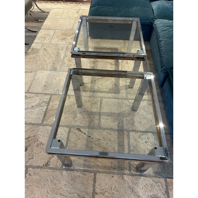 1970s Pair of MCM Polished Steel & Brass Side, Accent, or Coffee Tables For Sale - Image 5 of 6