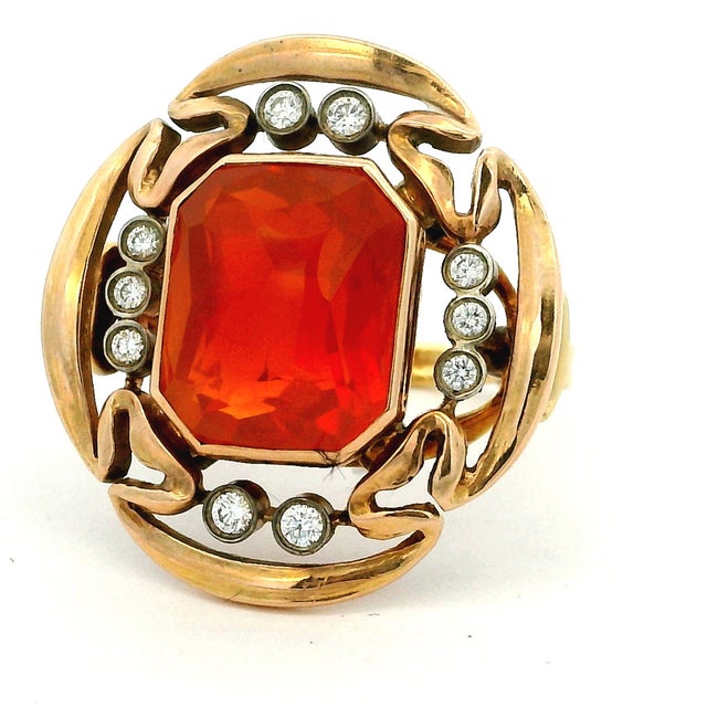 Arthur King & Ilias Lalaounis (Ark & Lj) 18k Gold Fire Opal and Diamond Ring, c.1960s, Size 6.75 For Sale - Image 14 of 17