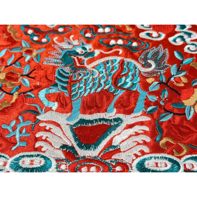 1990s Asian Square Red Golden Kirin Bats Yu Ri Edge Fabric Display Art For Sale - Image 5 of 5