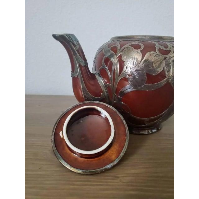 Burgundy Antique Art Nouveau Lenox Silver Overlay Treacle Teapot For Sale - Image 8 of 11