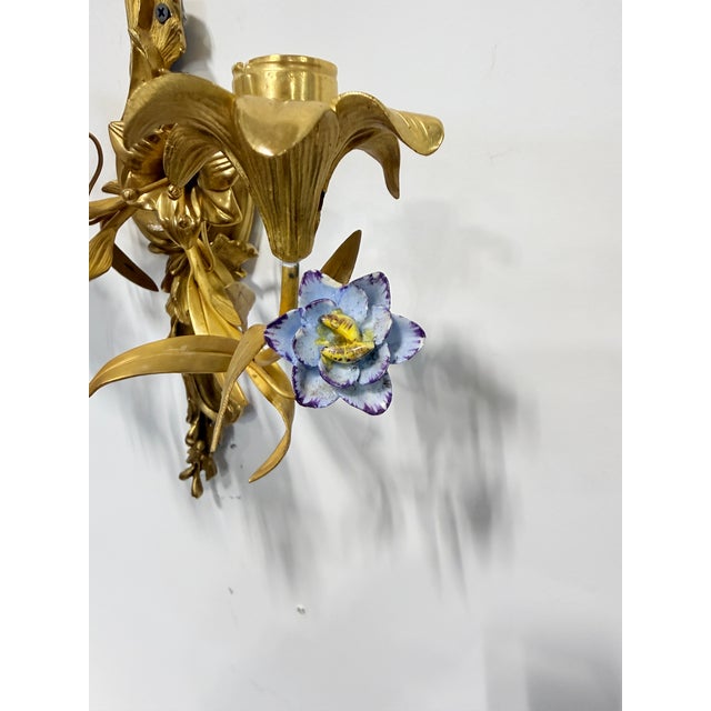 Metal Pr, French Rococo Revival Gilt Bronze Sconces With Porcelain Flowers, 19th C For Sale - Image 7 of 14