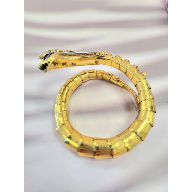 Antique 14k Gold Serpent Cuff Bangle With Turquoise and Pearl For Sale - Image 4 of 6