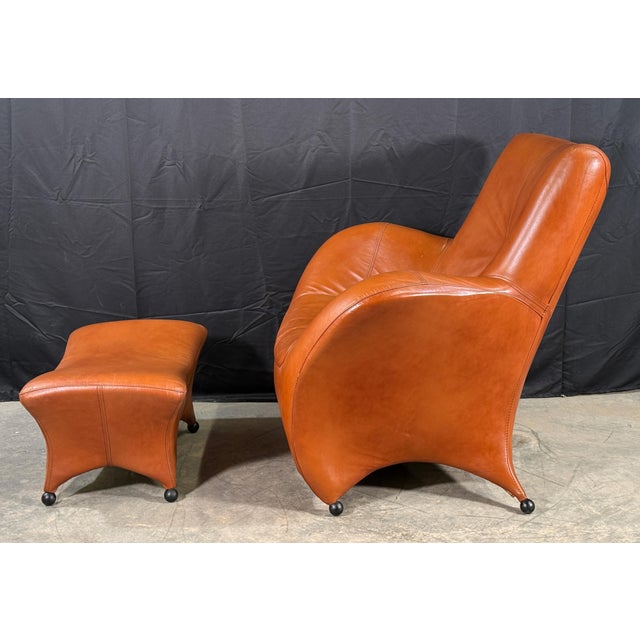 Contemporary Gerard Van Den Berg Style Leolux Cognac Leather Lounge Chair and Ottoman, Netherlands, 1990s For Sale - Image 3 of 16