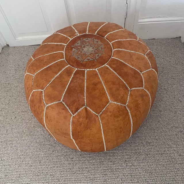 Tan Vintage Light Tan Coloured Leather Pouf For Sale - Image 8 of 9