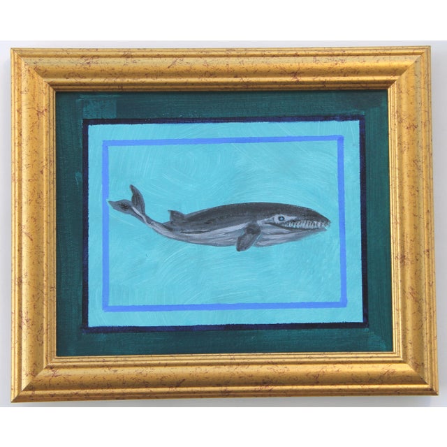 Whale Coastal Nautical Minimalism Folk Art Blue Gray Original Oil Paintings Set/4 by Cleo Plowden For Sale - Image 6 of 6