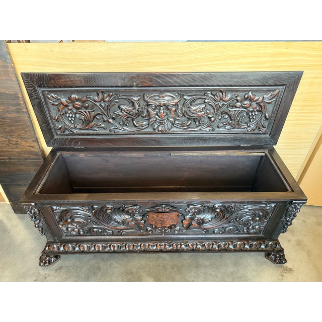 19th Spanish Baroque Carved Large Hall Bench With Storage For Sale - Image 10 of 15