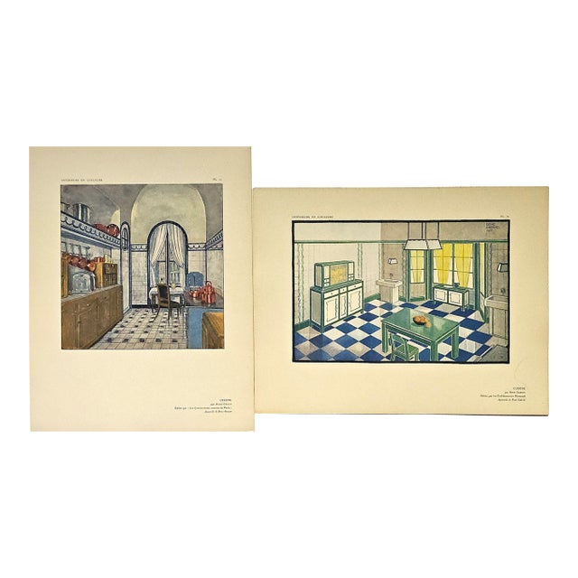 1925 Set of 2-Art Deco Interior Kitchen Design Lithographs, Documentation For Sale